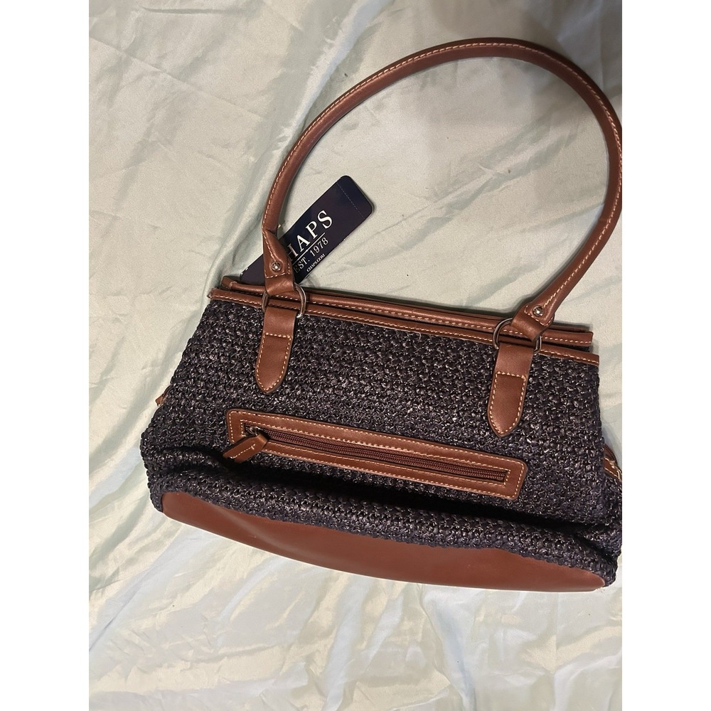 Chaps Marcie Triple Satchel Navy Woven Straw Faux Leather Shoulder Bag 1 - Picture 2 of 8